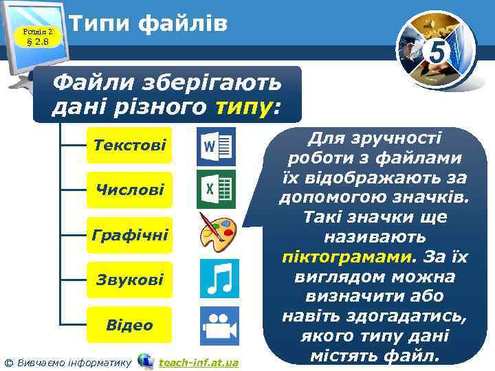 Розділ 2 § 2. 8 Типи файлів Файли зберігають дані різного типу: Текстові Числові