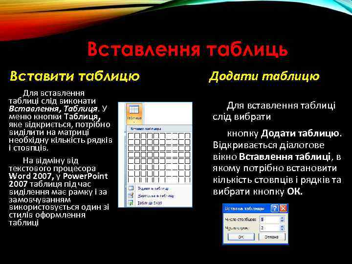 Вставлення таблиць Вставити таблицю Для вставлення таблиці слід виконати Вставлення, Таблиця. У меню кнопки