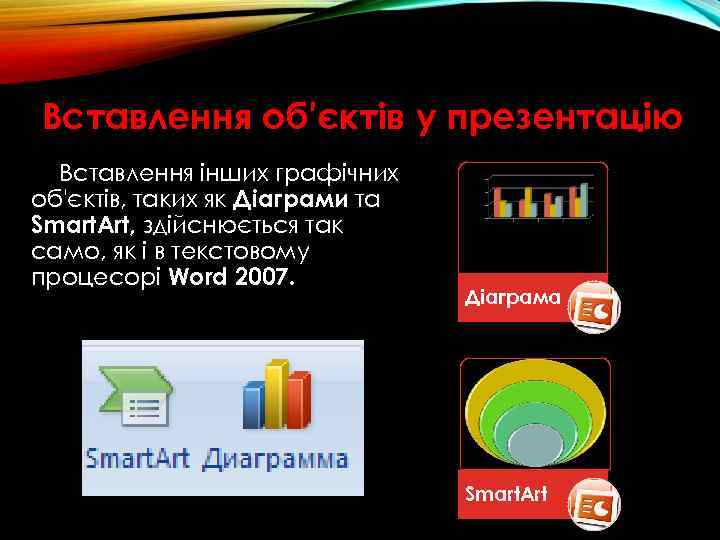 Вставлення об'єктів у презентацію Вставлення інших графічних об'єктів, таких як Діаграми та Smart. Art,