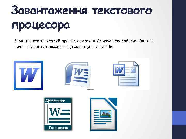 Завантаження текстового процесора Завантажити текстовий процесор можна кількома способами. Один із них — відкрити