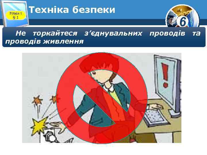 Розділ 1 § 1 Техніка безпеки Не торкайтеся з’єднувальних проводів живлення 6 проводів та