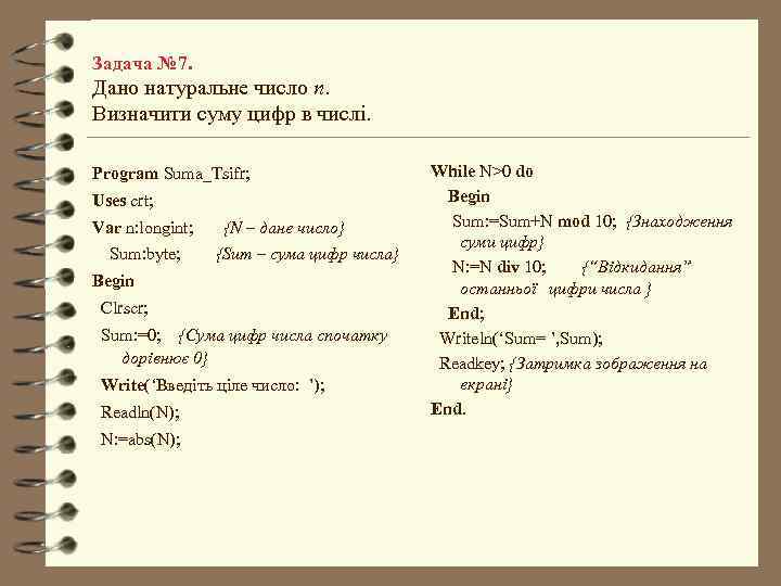 Задача № 7. Дано натуральне число n. Визначити суму цифр в числі. Program Suma_Tsifr;