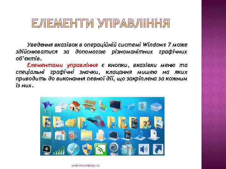 Уведення вказівок в операційній системі Windows 7 може здійснюватися за допомогою різноманітних графічних об’єктів.