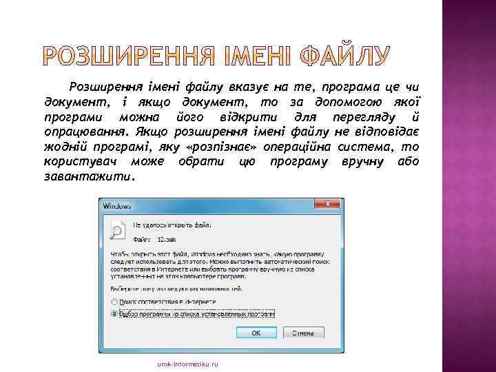 Розширення імені файлу вказує на те, програма це чи документ, і якщо документ, то