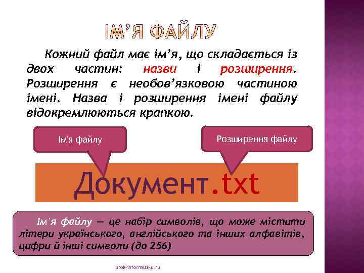 Кожний файл має ім’я, що складається із двох частин: назви і розширення. Розширення є