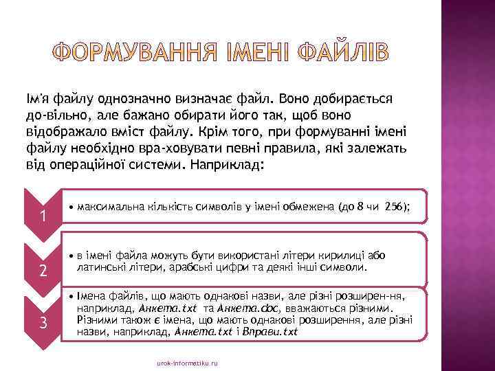 Ім'я файлу однозначно визначає файл. Воно добирається до вільно, але бажано обирати його так,