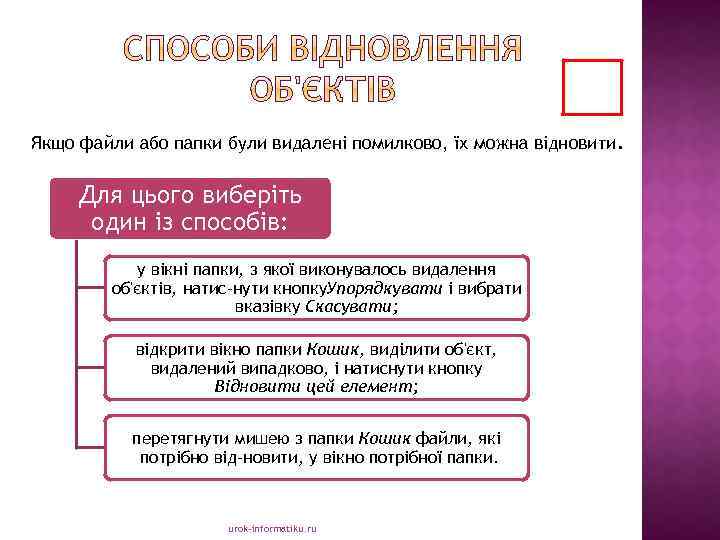 Якщо файли або папки були видалені помилково, їх можна відновити. Для цього виберіть один