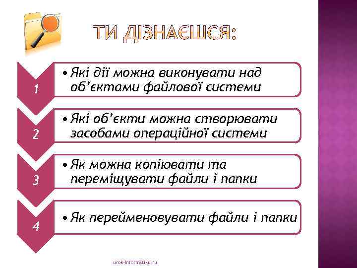 1 • Які дії можна виконувати над об’єктами файлової системи 2 • Які об’єкти