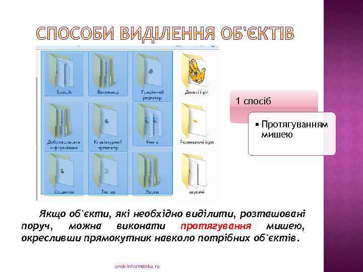 1 спосіб • Протягуванням мишею Якщо об'єкти, які необхідно виділити, розташовані поруч, можна виконати