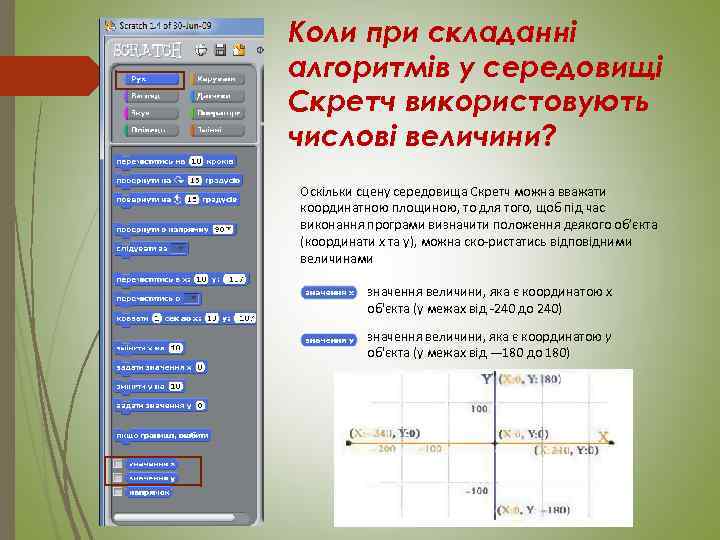 Коли при складанні алгоритмів у середовищі Скретч використовують числові величини? Оскільки сцену середовища Скретч