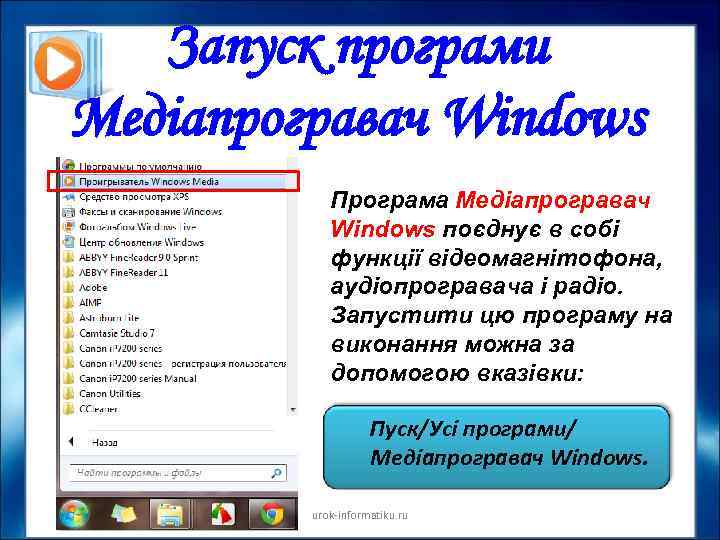 Запуск програми Медіапрогравач Windows Програма Медіапрогравач Windows поєднує в собі функції відеомагнітофона, аудіопрогравача і