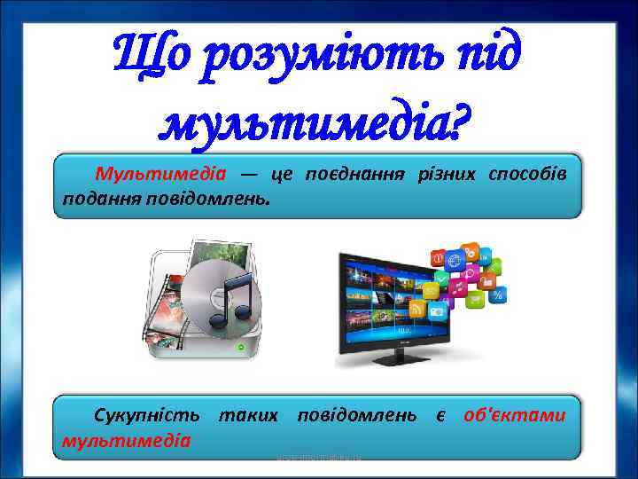 Що розуміють під мультимедіа? Мультимедіа — це поєднання різних способів подання повідомлень. Сукупність таких