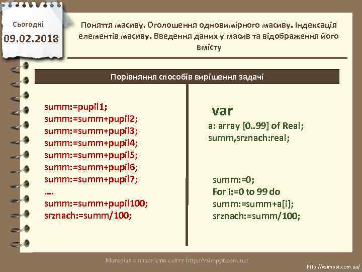 Сьогодні 09. 02. 2018 Поняття масиву. Оголошення одновимірного масиву. Індексація елементів масиву. Введення даних