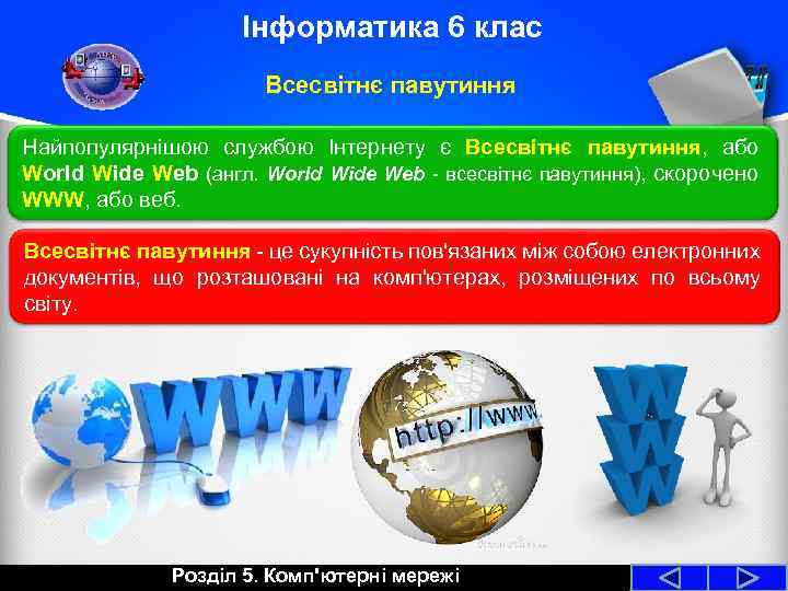 Інформатика 6 клас Всесвітнє павутиння Найпопулярнішою службою Інтернету є Всесвітнє павутиння, або World Wide