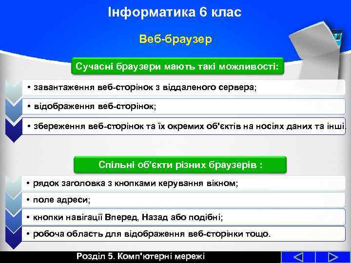 Інформатика 6 клас Веб-браузер Сучасні браузери мають такі можливості: • завантаження веб-сторінок з віддаленого