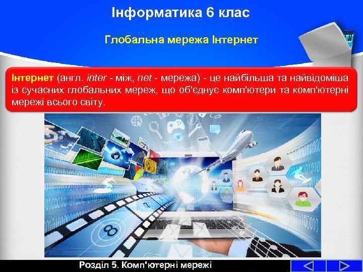 Інформатика 6 клас Глобальна мережа Інтернет (англ. inter - між, net - мережа) -