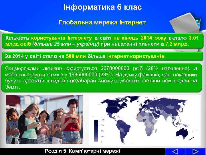 Інформатика 6 клас Глобальна мережа Інтернет Кількість користувачів Інтернету в світі на кінець 2014