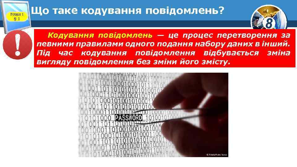 Розділ 1 § 1 Що таке кодування повідомлень? 8 Кодування повідомлень — це процес