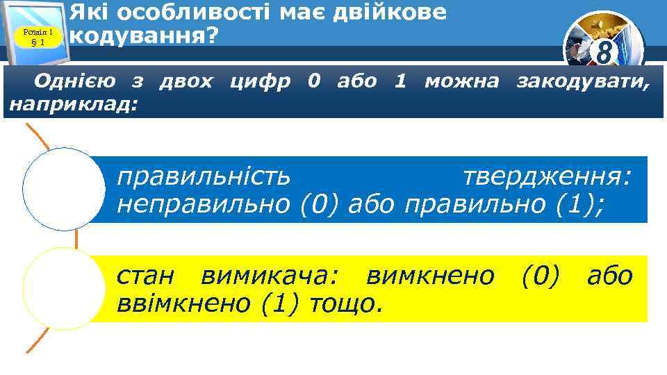 Розділ 1 § 1 Які особливості має двійкове кодування? 8 Однією з двох цифр