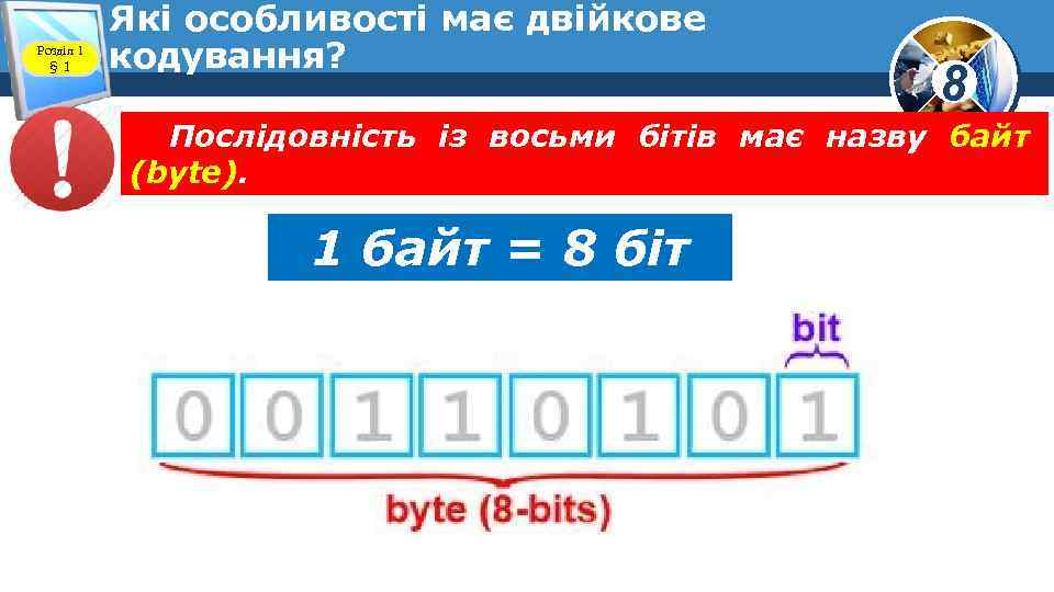 Розділ 1 § 1 Які особливості має двійкове кодування? 8 Послідовність із восьми бітів