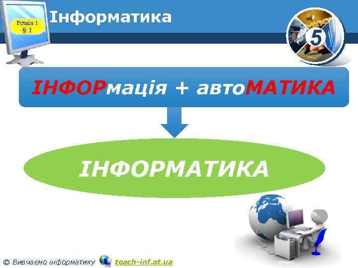 Розділ 1 § 1 Інформатика 5 ІНФОРмація + авто. МАТИКА ІНФОРМАТИКА © Вивчаємо інформатику