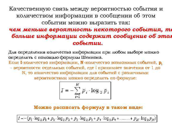 Качественную связь между вероятностью события и количеством информации в сообщении об этом событии можно