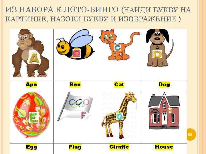 ИЗ НАБОРА К ЛОТО-БИНГО (НАЙДИ БУКВУ НА КАРТИНКЕ, НАЗОВИ БУКВУ И ИЗОБРАЖЕНИЕ ) 60