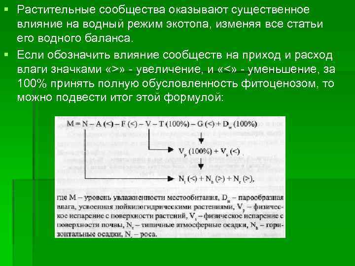 § Растительные сообщества оказывают существенное влияние на водный режим экотопа, изменяя все статьи его