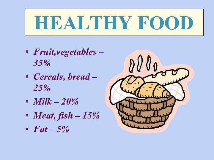 HEALTHY FOOD • Fruit, vegetables – 35% • Cereals, bread – 25% • Milk