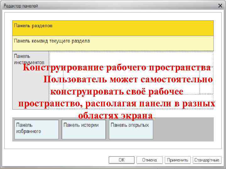 Конструирование рабочего пространства Пользователь может самостоятельно конструировать своё рабочее пространство, располагая панели в разных