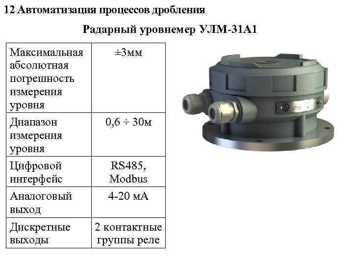 12 Автоматизация процессов дробления Радарный уровнемер УЛМ-31 А 1 Максимальная ± 3 мм абсолютная