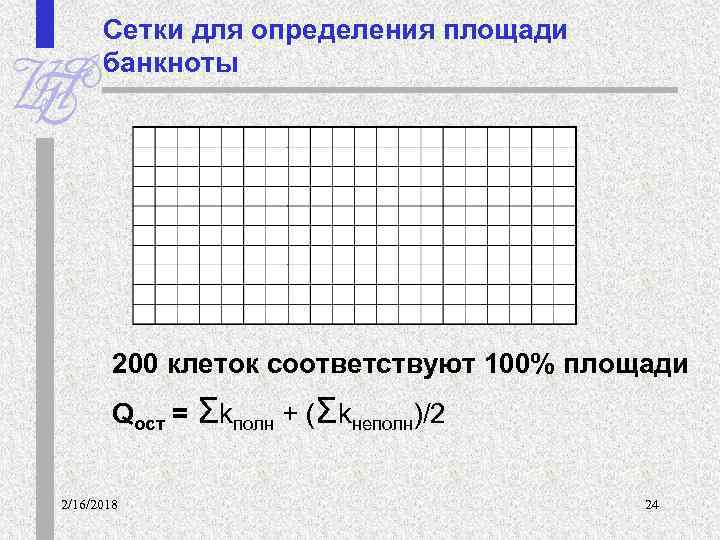 Сетки для определения площади банкноты 200 клеток соответствуют 100% площади Qост = Σkполн +