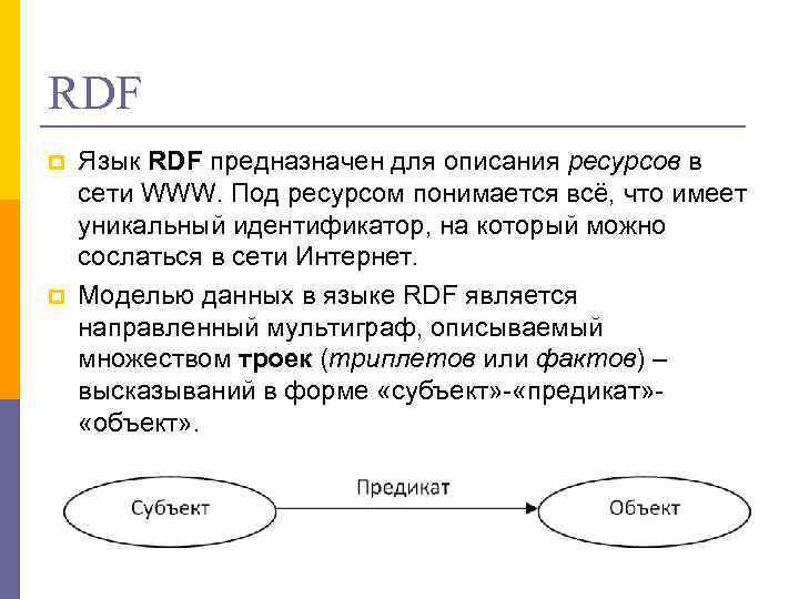 RDF p p Язык RDF предназначен для описания ресурсов в сети WWW. Под ресурсом