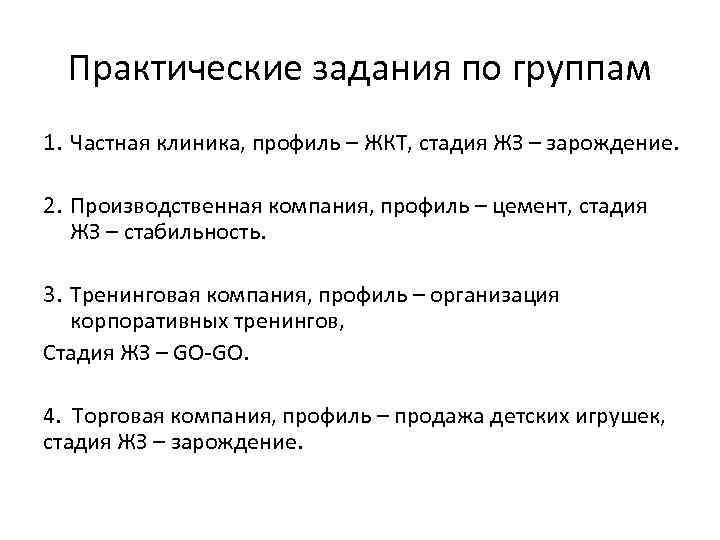 Практические задания по группам 1. Частная клиника, профиль – ЖКТ, стадия ЖЗ – зарождение.