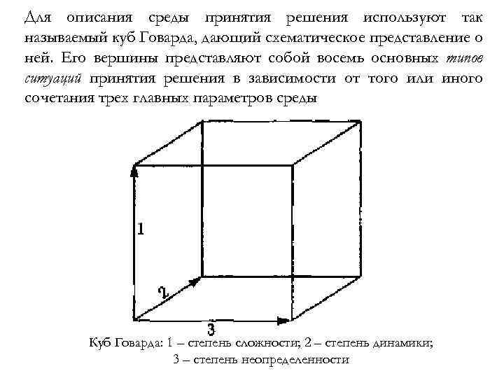 Для описания среды принятия решения используют так называемый куб Говарда, дающий схематическое представление о