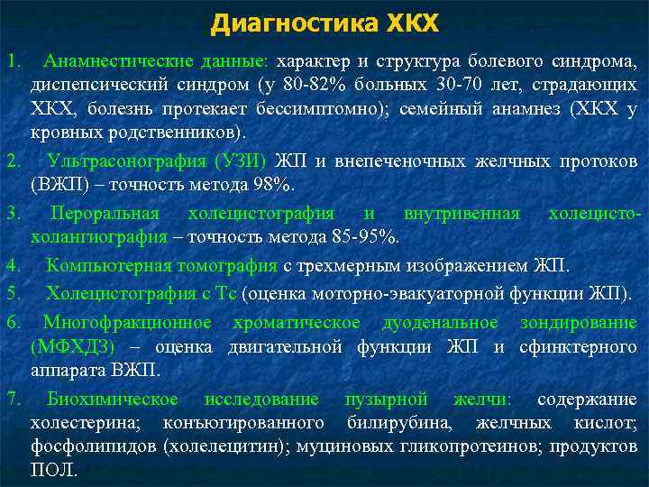 Диагностика ХКХ 1. 2. 3. 4. 5. 6. 7. Анамнестические данные: характер и структура