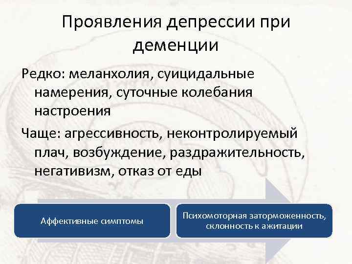 Проявления депрессии при деменции Редко: меланхолия, суицидальные намерения, суточные колебания настроения Чаще: агрессивность, неконтролируемый
