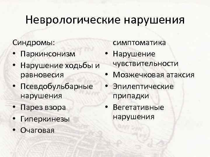 Неврологические нарушения Синдромы: • Паркинсонизм • Нарушение ходьбы и равновесия • Псевдобульбарные нарушения •
