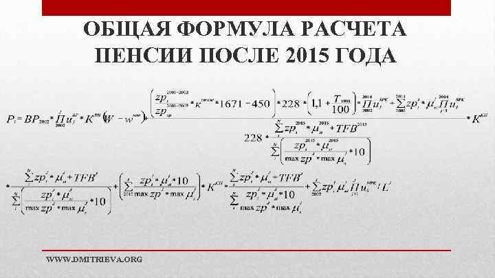 ОБЩАЯ ФОРМУЛА РАСЧЕТА ПЕНСИИ ПОСЛЕ 2015 ГОДА WWW. DMITRIEVA. ORG 