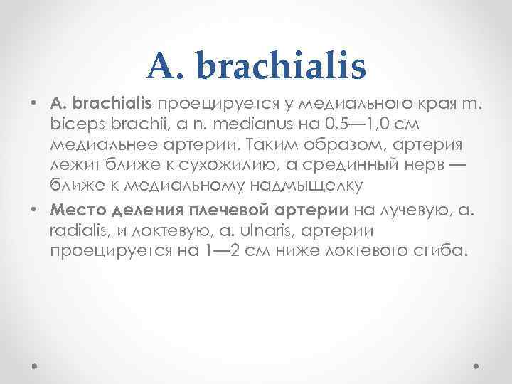 A. brachialis • A. brachialis проецируется у медиального края m. biceps brachii, а n.