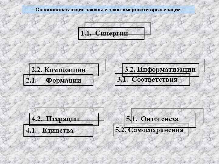 Основополагающие законы и закономерности организации 1. 1. Синергии 2. 2. Композиции 2. 1. Формации