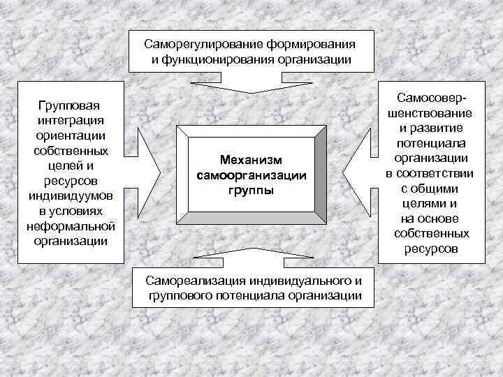 Саморегулирование формирования и функционирования организации Групповая интеграция ориентации собственных целей и ресурсов индивидуумов в