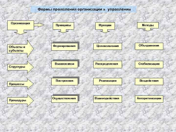 Формы проявления организации в управлении Организация Объекты и субъекты Структуры Принципы Формирования Взаимосвязи Функции