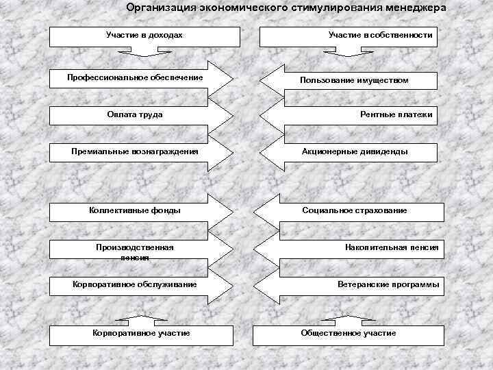 Организация экономического стимулирования менеджера Участие в доходах Профессиональное обеспечение Оплата труда Участие в собственности