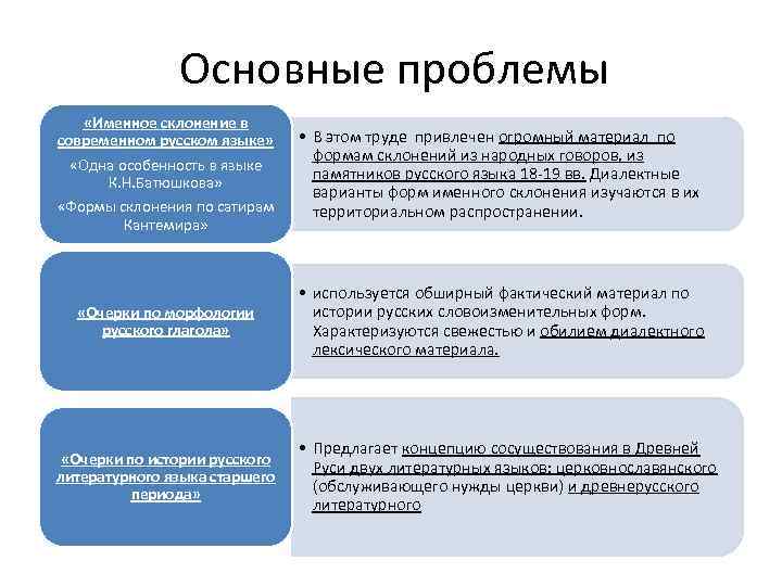 Основные проблемы «Именное склонение в современном русском языке» «Одна особенность в языке К. Н.