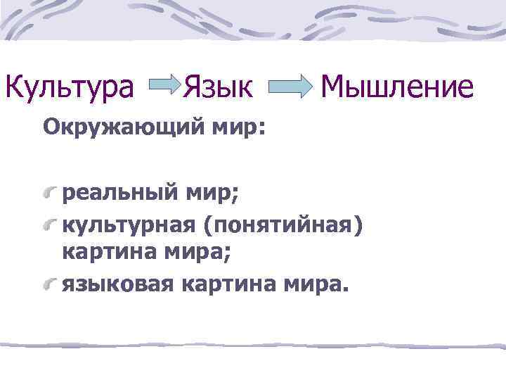 Язык и мышление. Язык мышление и культура. Соотношение языка мышления и культуры. Мышление и окружающий мир. Теории связи языка, мышления и культуры..