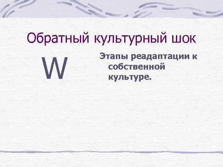 Обратный культурный шок W Этапы реадаптации к собственной культуре. 