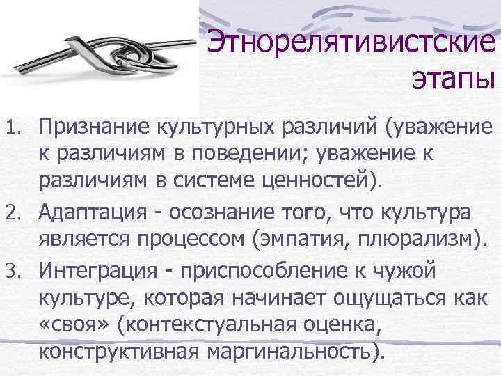 Этнорелятивистские этапы 1. Признание культурных различий (уважение к различиям в поведении; уважение к различиям