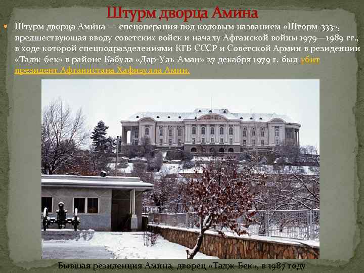 Штурм дворца Амина Штурм дворца Ами на — спецоперация под кодовым названием «Шторм-333» ,