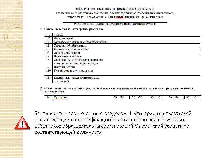 Заполняется в соответствии с разделом I Критериев и показателей при аттестации на квалификационные категории